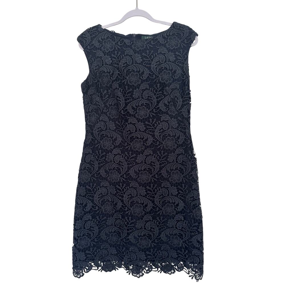 Lauren Ralph Lauren Navy Lace Cocktail Dress Size 10 Cap Sleeve Scalloped Hem - Picture 2 of 15